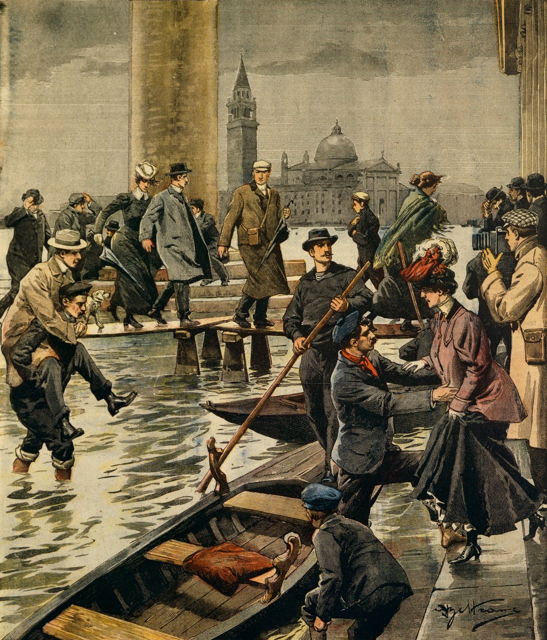Fenomenet høyvann på Markusplassen i Venezia, av Achille Beltrame (1871-1945), fra La Domenica del Corriere av Achille Beltrame