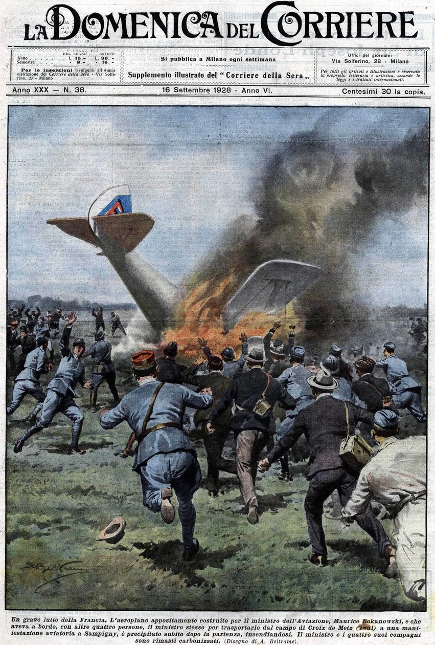The plane, built for French aviation minister Maurice Bokanowski, who was to take him and four other people to the camp de la croix de Metz for a demonstration in Sampigny, crashed shortly after takeoff, catching fire. The minister and the other four peopl av Achille Beltrame