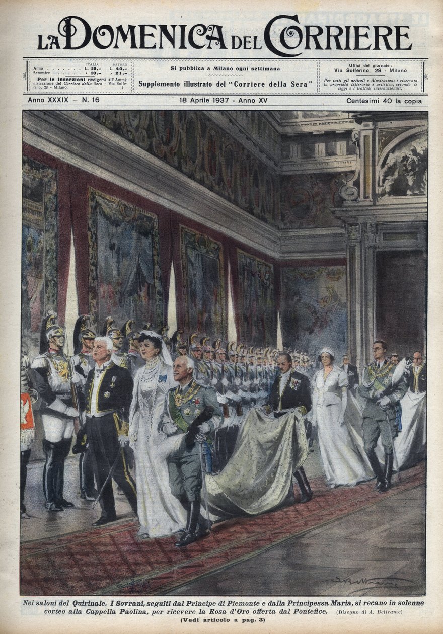 Kongeparet, Victor Emmanuel III (Victor-Emmanuel) (Vittorio Emanuele III) (1869-1947) og hans kone Helene av Montenegro etterfulgt av prins Humbert (Umberto) II og Mary Jose (Marie-Jose av Belgia, Maria Jose av Savoie) ) gå til Paolina-kapellet (Paol av Achille Beltrame