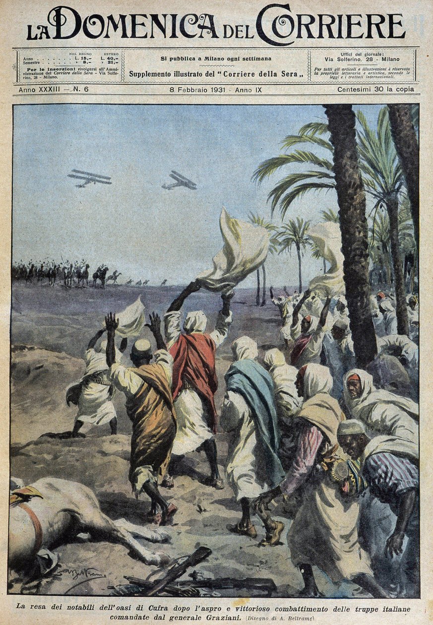 Overgivelsen av notabilitetene fra oasen Koufra (Qufra eller Cufra, Libyske Sahara) etter det vanskelige og seirende slaget til de italienske troppene kommandert av general Graziani - dess. de A. Beltrame i "" la Domenica del Corriere"" av 08.02.1931 av Achille Beltrame