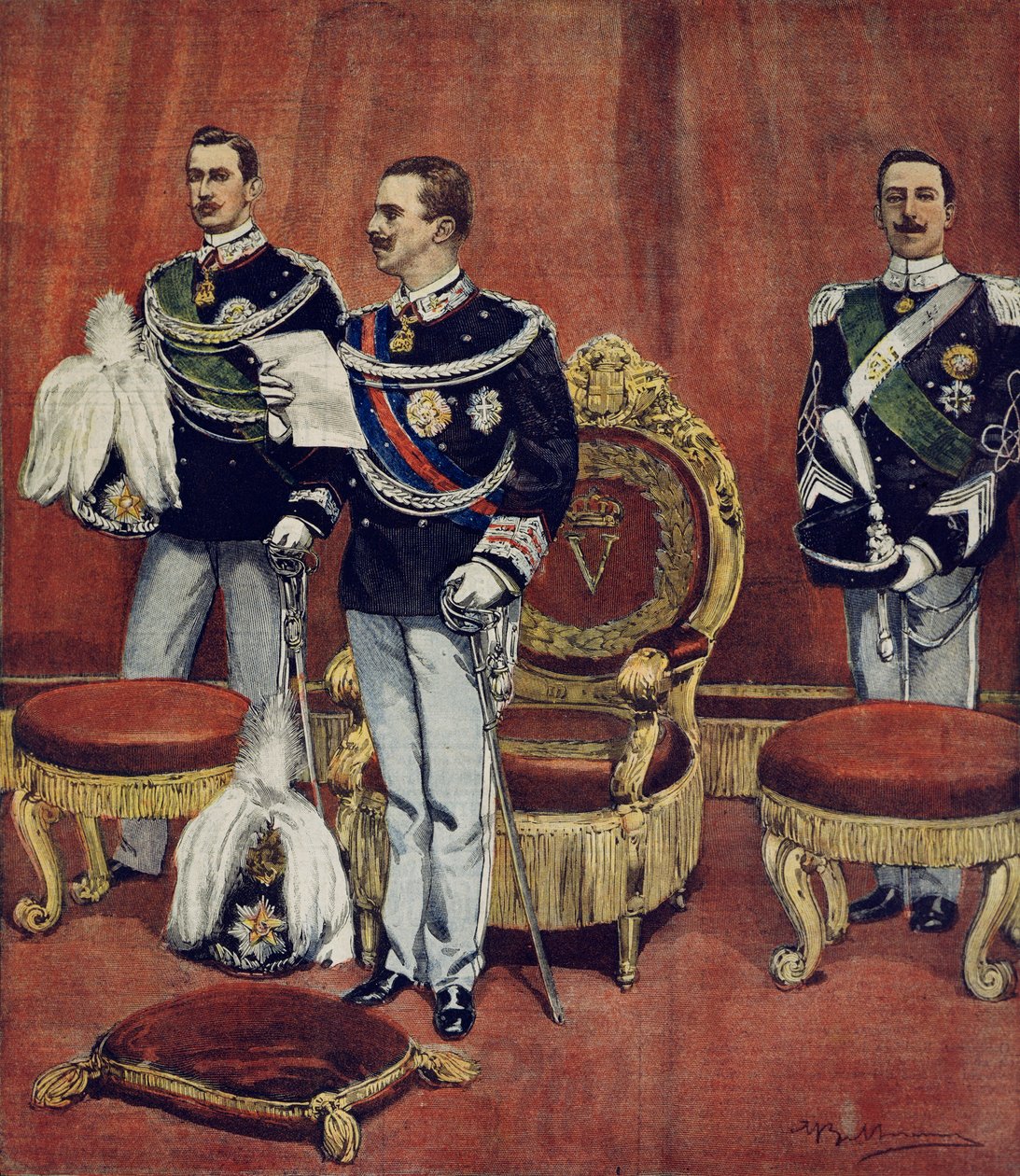 Innedelsen til kong Vittorio Emanuele III i Senatets kamre i Roma, av Achille Beltrame (1871-1945), fra La Domenica del Corriere av Achille Beltrame