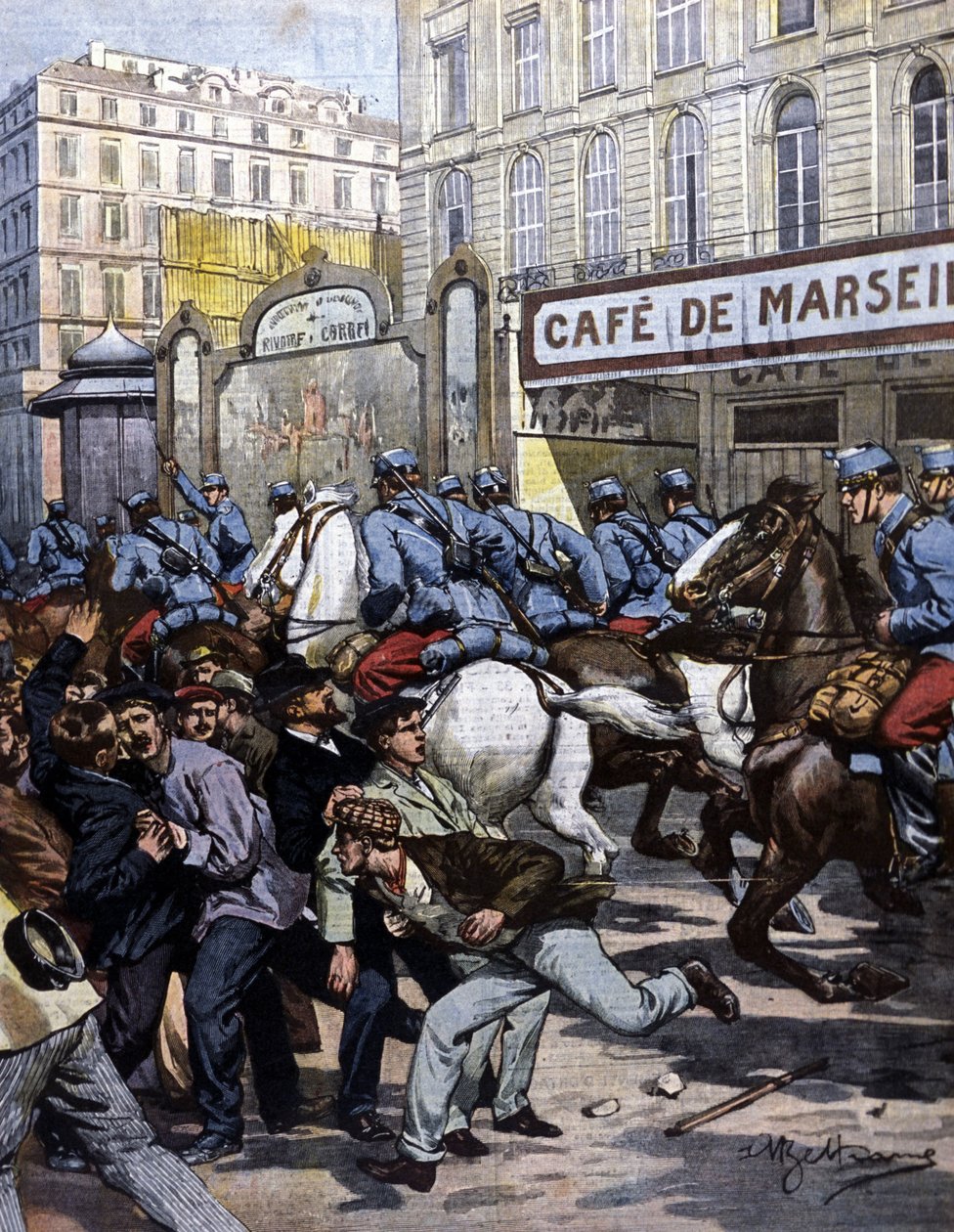 Arbeiderstreikene i Marseille: husarene som har ansvaret på Canebière. Illustrasjon av Beltrame. La Domenica del corriere. 1901. av Achille Beltrame