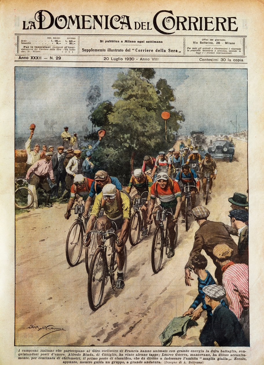 Tour de France, Learco Guerra (1902-1963) ledende pakke, illustrasjon av Achille Beltrame (1871-9145) fra La Domenica del Corriere, 20. juli av Achille Beltrame