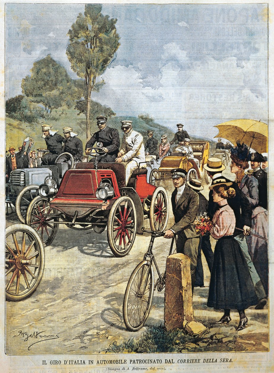 Tour of Italy med bil, sponset av Corriere della Sera, illustrasjon av Achille Beltrame fra La Domenica del Corriere, 19. mai av Achille Beltrame