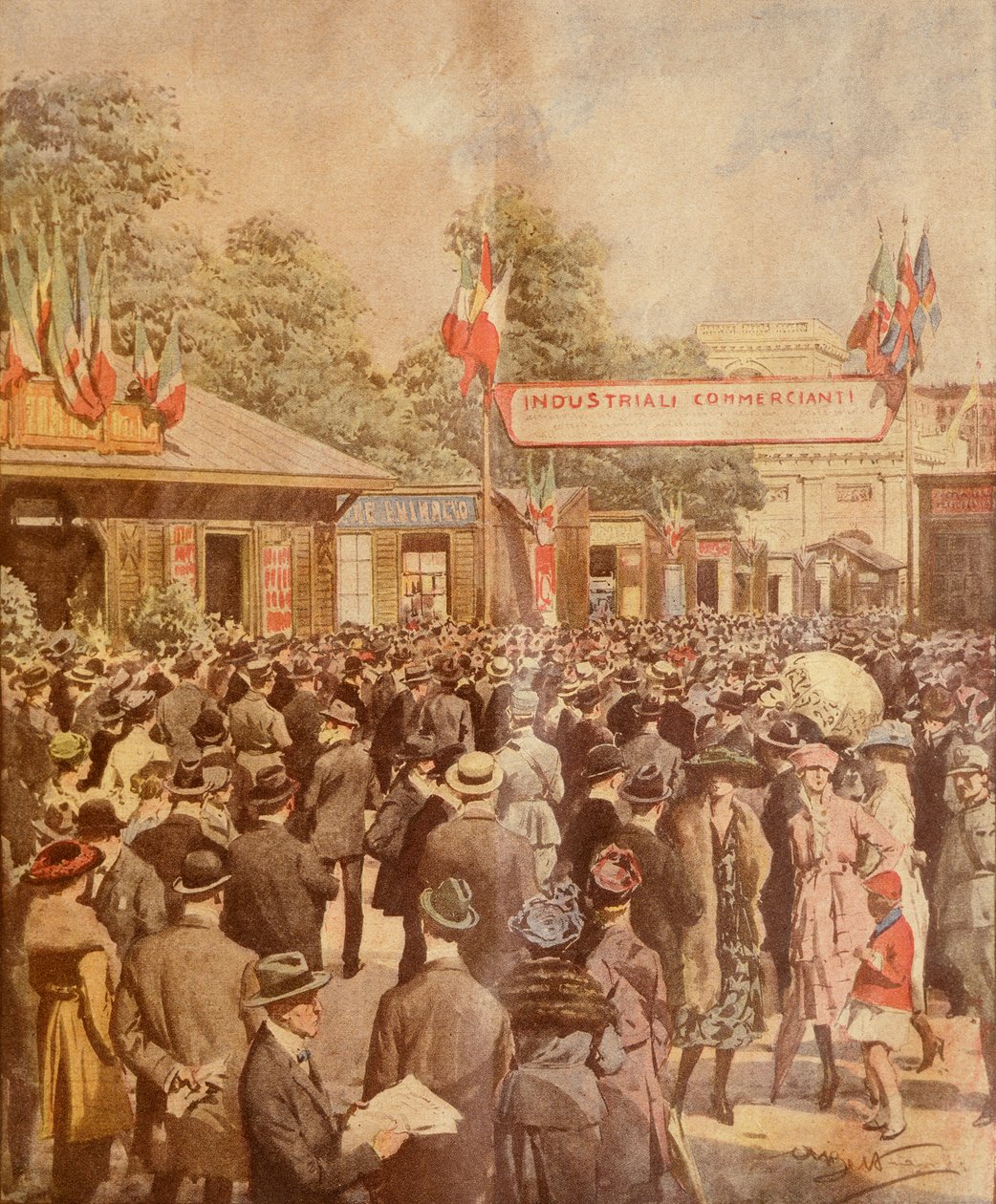 Varemesse i Milano, av Achille Beltrame, illustrasjon, illustratør Achille Beltrame (1871-1945), fra La Domenica del Corriere, 24. april 1921 av Achille Beltrame