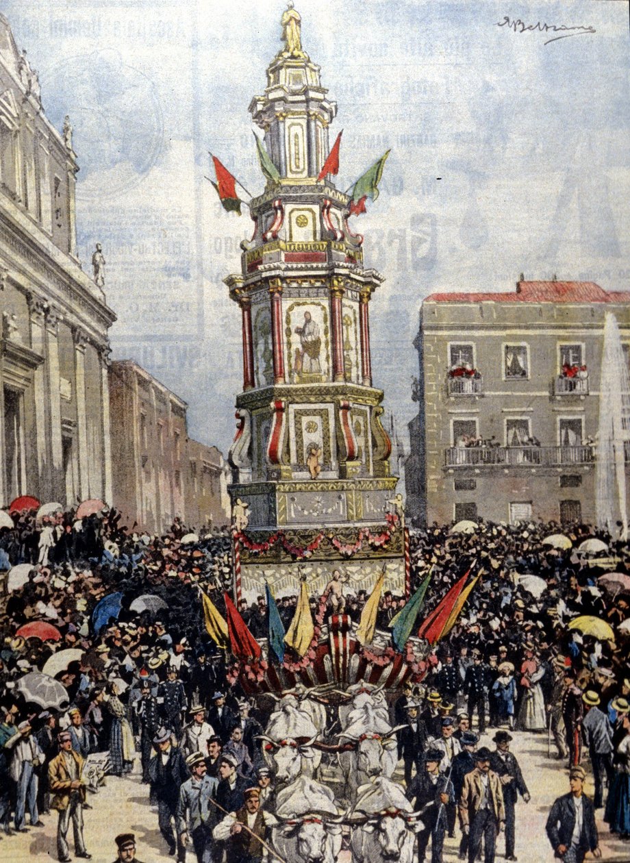 Tradisjonell siciliansk festival: en tank ledet i prosesjon til Casteltermini (Girgenti). Jeg vil. de Beltrame. Kurerens søndag. 1904. av Achille Beltrame