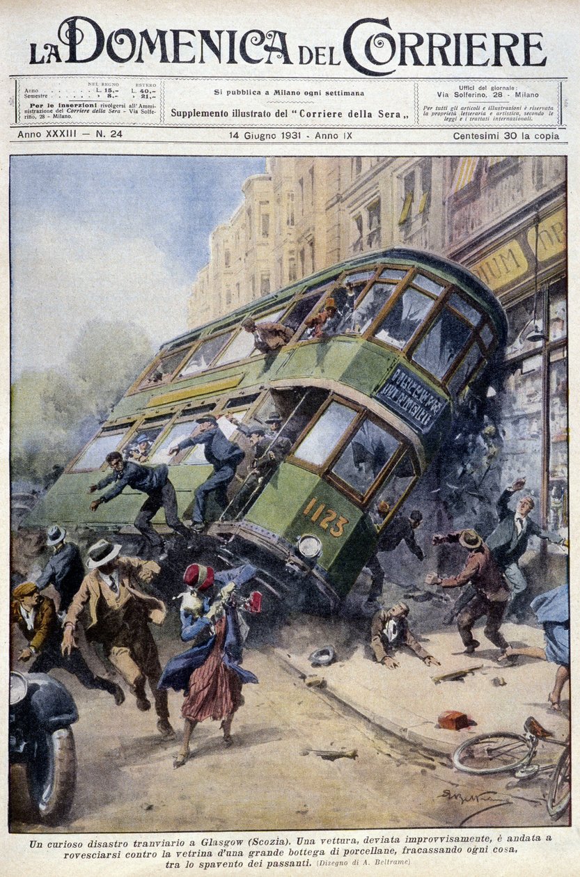 Tram accident in Glasgow, Scotland: one of the cars spilled over on a porcelain showcase and on passers-by - drawing by A. Beltrame, in “La Domenica del Corriere”” of 1 February 1931. av Achille Beltrame