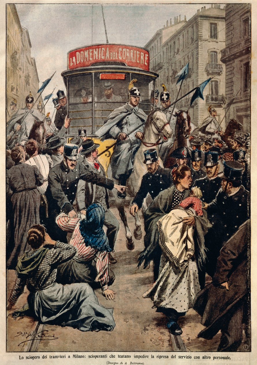 Trikkestreik i Milano, av Achille Beltrame, illustrasjon, illustratør Achille Beltrame (1871-1945), fra La Domenica del Corriere av Achille Beltrame
