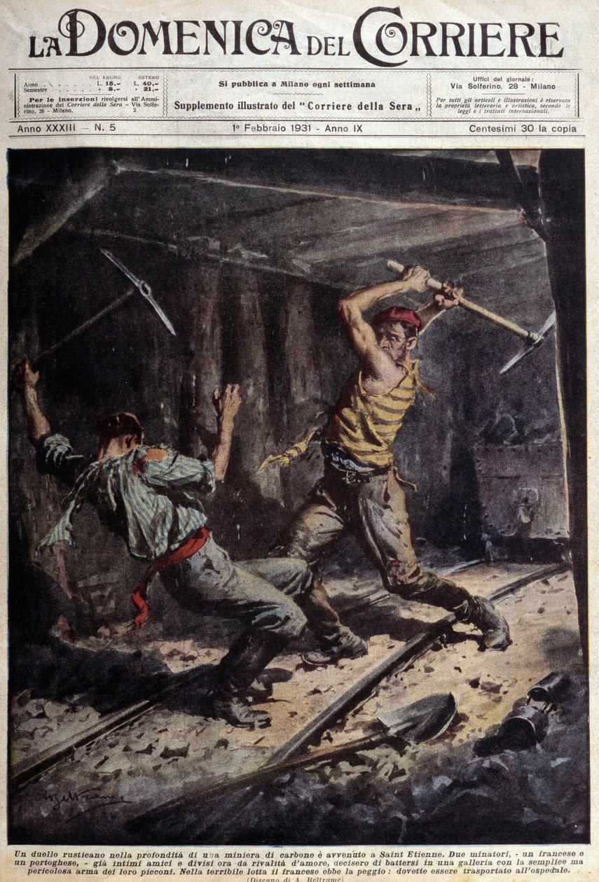 To franske og portugisiske gruvearbeidere kjemper med øksene sine i et galleri på grunn av en kjærlighetshistorie - tegning av A. Beltrame, i "La Domenica del Corriere"" 1. februar av Achille Beltrame