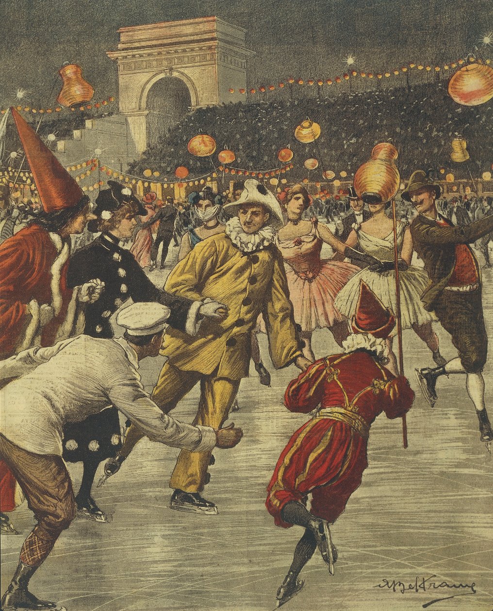 Typisk kostymefest på is på Aren i Milano, av Achille Beltrame, illustrasjon, Illustratør Achille Beltrame (1871-1945), fra La Domenica del Corriere av Achille Beltrame
