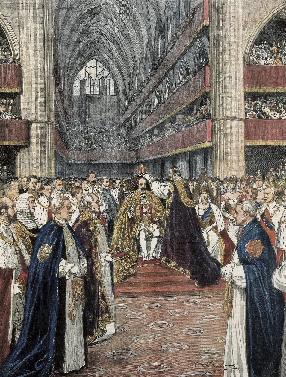 Storbritannia (1901). Kroningen av Edward VII i Westminster Abbey. Illustrasjon av Achille Beltrame publisert i Domenica del Corriere. Gravering. av Achille Beltrame
