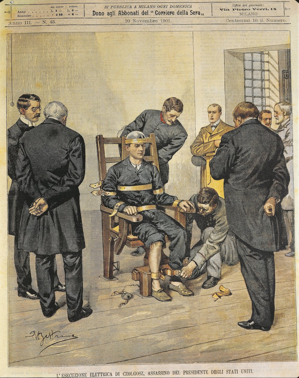 Amerikas forente stater, 1900-tallet, henrettelsen av den elektriske stolen av Czolgosz, morderen av presidenten i USA McKinley, 29. oktober 1901 (kunstverk fra et magasinforside) av Achille Beltrame