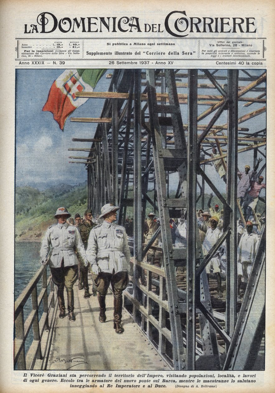 Visekonge av Etiopia Rodolfo Graziani, krysser det abessiniske territoriet. Illustrasjon av Achille Beltrame fra "The Domenica del Corriere"" av 26.09.1 av Achille Beltrame