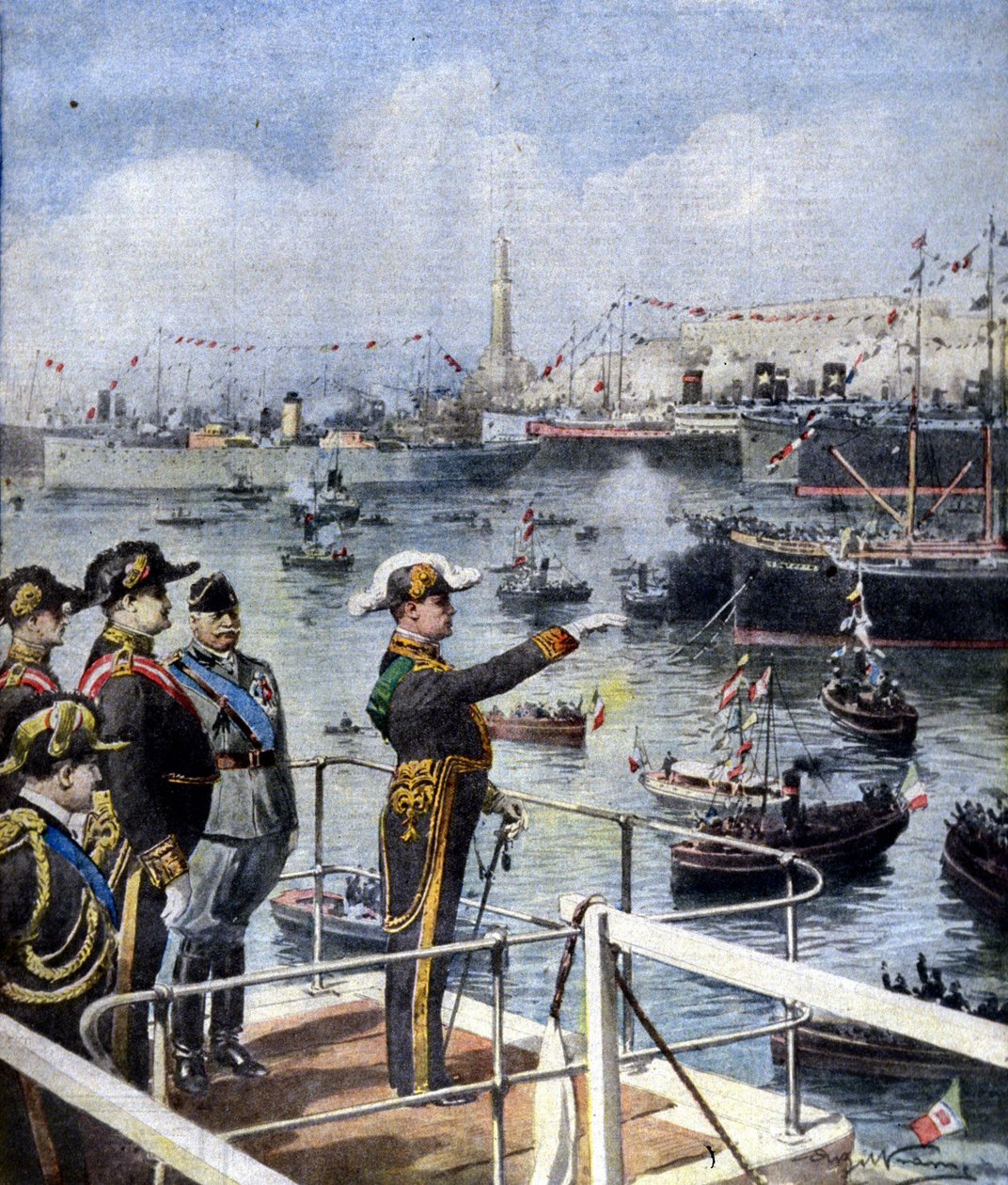 Besøk av Benito Mussolini i Genova. The Duce hilser byen fra Esperia-broen. Jeg vil. de Beltrame. Kurerens søndag, 6.06.1926. av Achille Beltrame