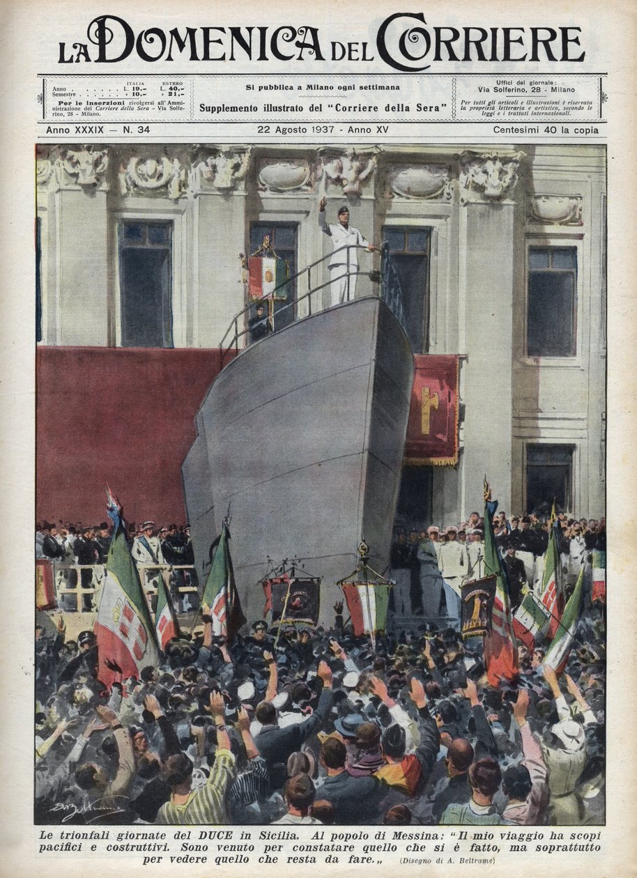 Besøk av hertugen Benito Mussolini til Messina under en tur til Sicilia. Illustrasjon av Achille Beltrame fra "La domenica del corriere"" av 22.08.1937. av Achille Beltrame