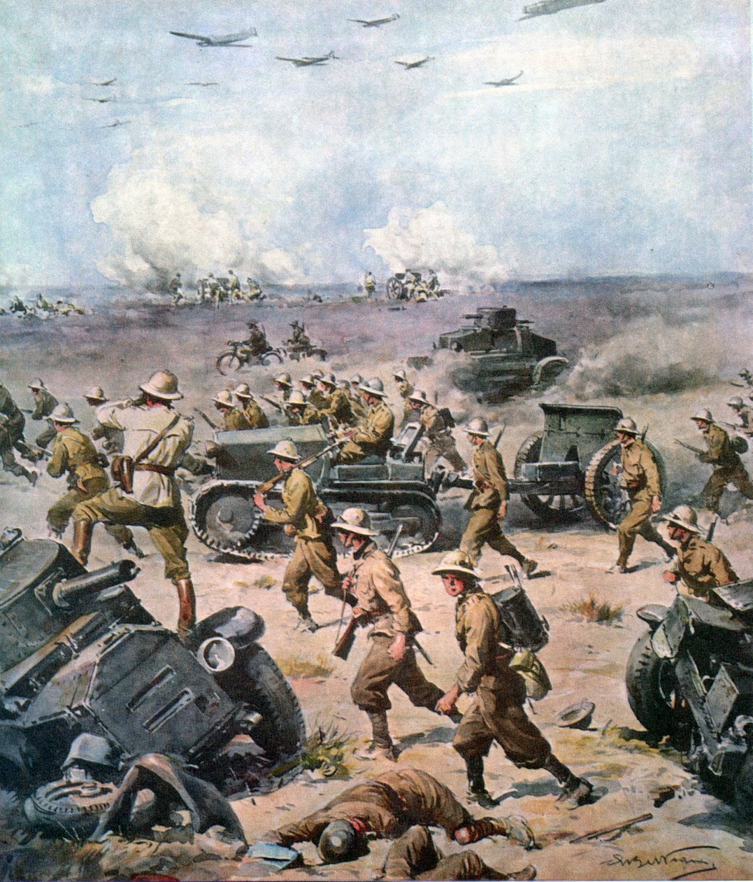 WWII-1940 Nord-Afrika-kampanjen - Den italienske invasjonen av Aegypt, La Domenica del Corriere 22. september 1940 av Achille Beltrame