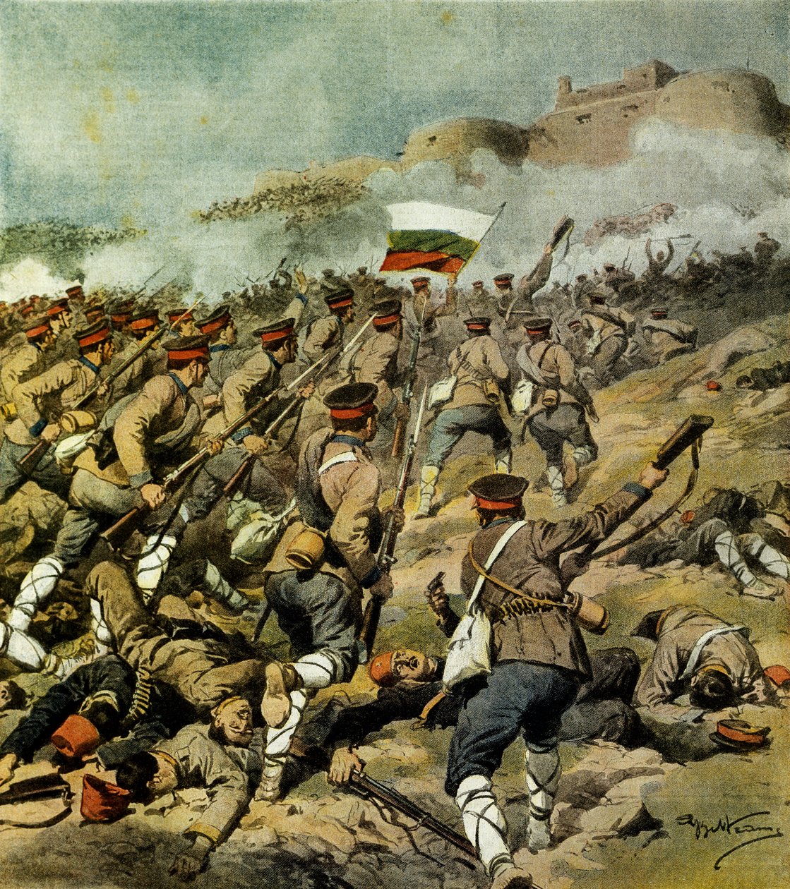 War of Five Nations, den bulgarske hæren rykker frem mot Adrianopel og fanger Kirk Kilisse og imponerende militærbytte, Av Achille Beltrame (1871-1945), illustrasjon fra La Domenica del Corriere, 3. november 1912 av Achille Beltrame