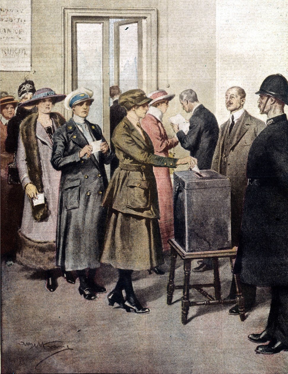 Kvinner stemte for første gang i England. 1919. Illustrasjon av A. Beltrame. La Domenica del Corriere. av Achille Beltrame
