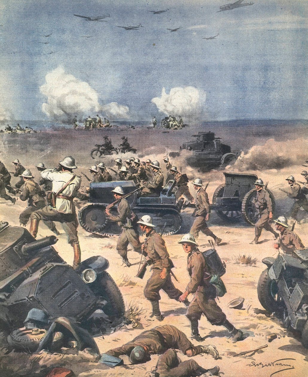Andre verdenskrig. Libya (nordafrikansk kampanje). Italienske tropper i Cyrenaica går videre til Egypt. Illustrasjon av Antonio Beltrame. "La Domenica del Corriere". 22. september av Achille Beltrame