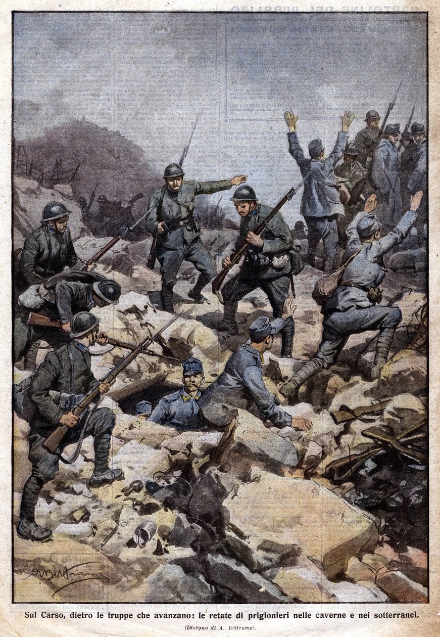 Første verdenskrig: Italiensk front på Carso-platået (Trentino) og fanger i undergrunnen. "Domenica del Corriere". 07/1917 (litografi) av Achille Beltrame