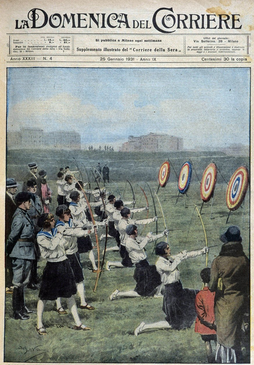 Unge italienere er trent i fysisk utøvelse i hyllest til den eldgamle maksimen "Et sunt sinn i en sunn kropp"". På den romerske landsbygda, ved elven Tiber, trener en gruppe jenter bueskyting - dess. de A. Beltrame i "" la Domenica del Corriere""" av av Achille Beltrame