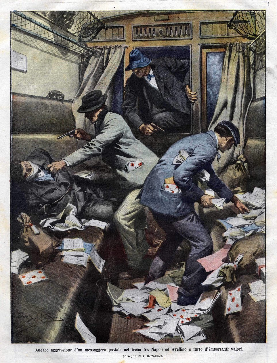 banditter ved angrepet i et posttog mellom Napoli og Avellino i 1910. Achilles Beltrame-illustrasjon for Domenica del corriere. av Achille Beltrame