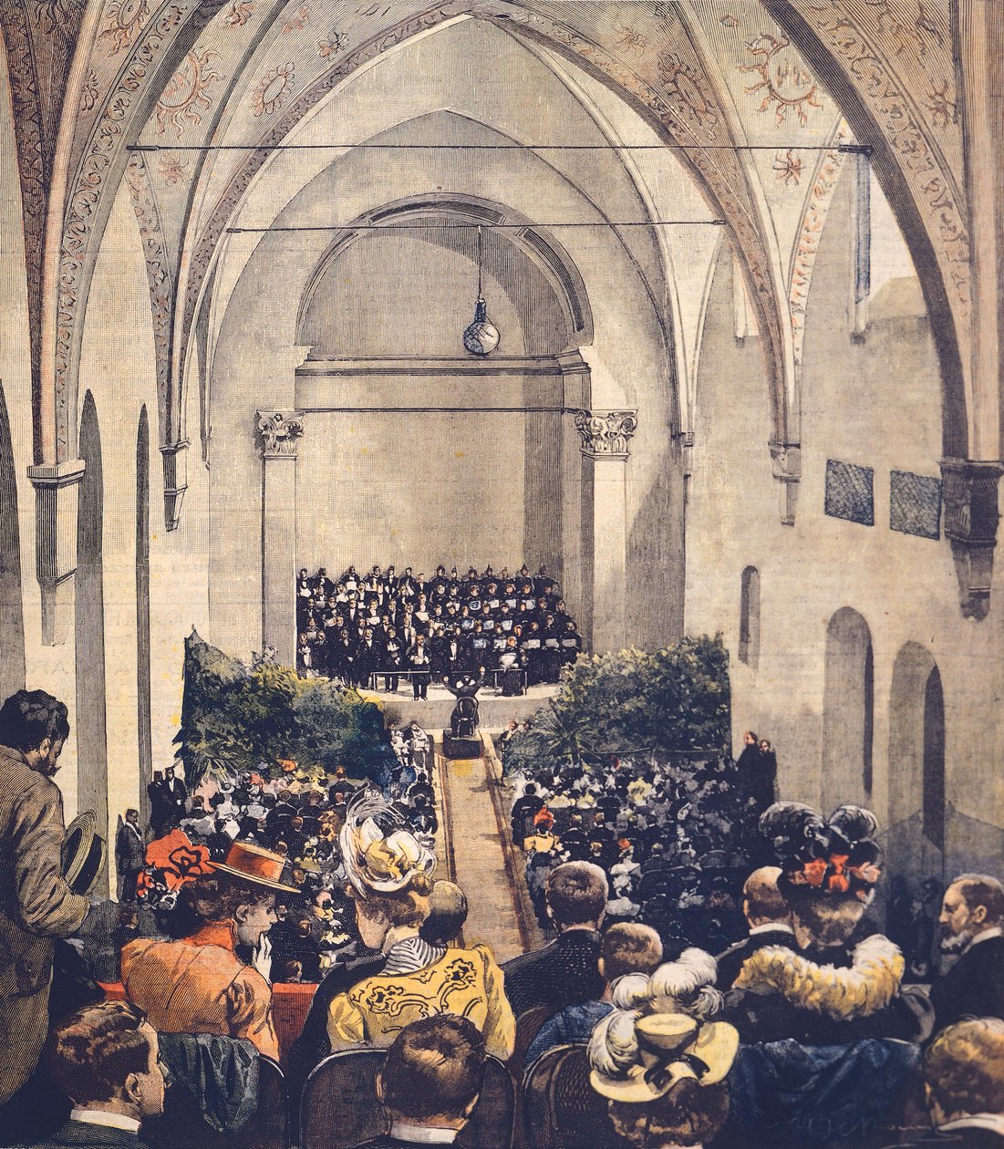 seremoni i Perosi Music Hall i Milano, av Achille Beltrame (1871-1945), omslagsillustrasjon fra La Domenica del Corriere, 6. mai 1900. av Achille Beltrame