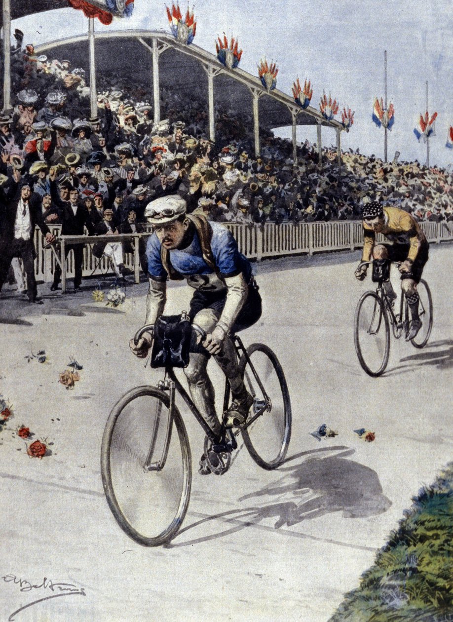 syklist Peer Breton Vinner av Tour de France i 1908. illustrasjon av Achille Beltrame. av Achille Beltrame