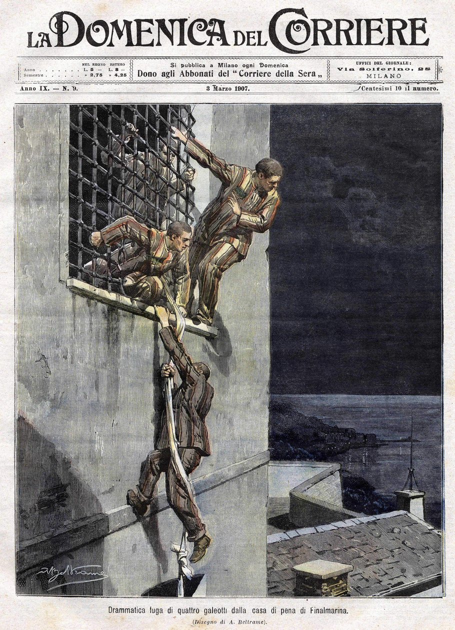 escape of three prisoners from Finalmarina prison in Italy in 1907. Iluustration of Achille Beltrame for the Domenica del Corriere of March 3 av Achille Beltrame