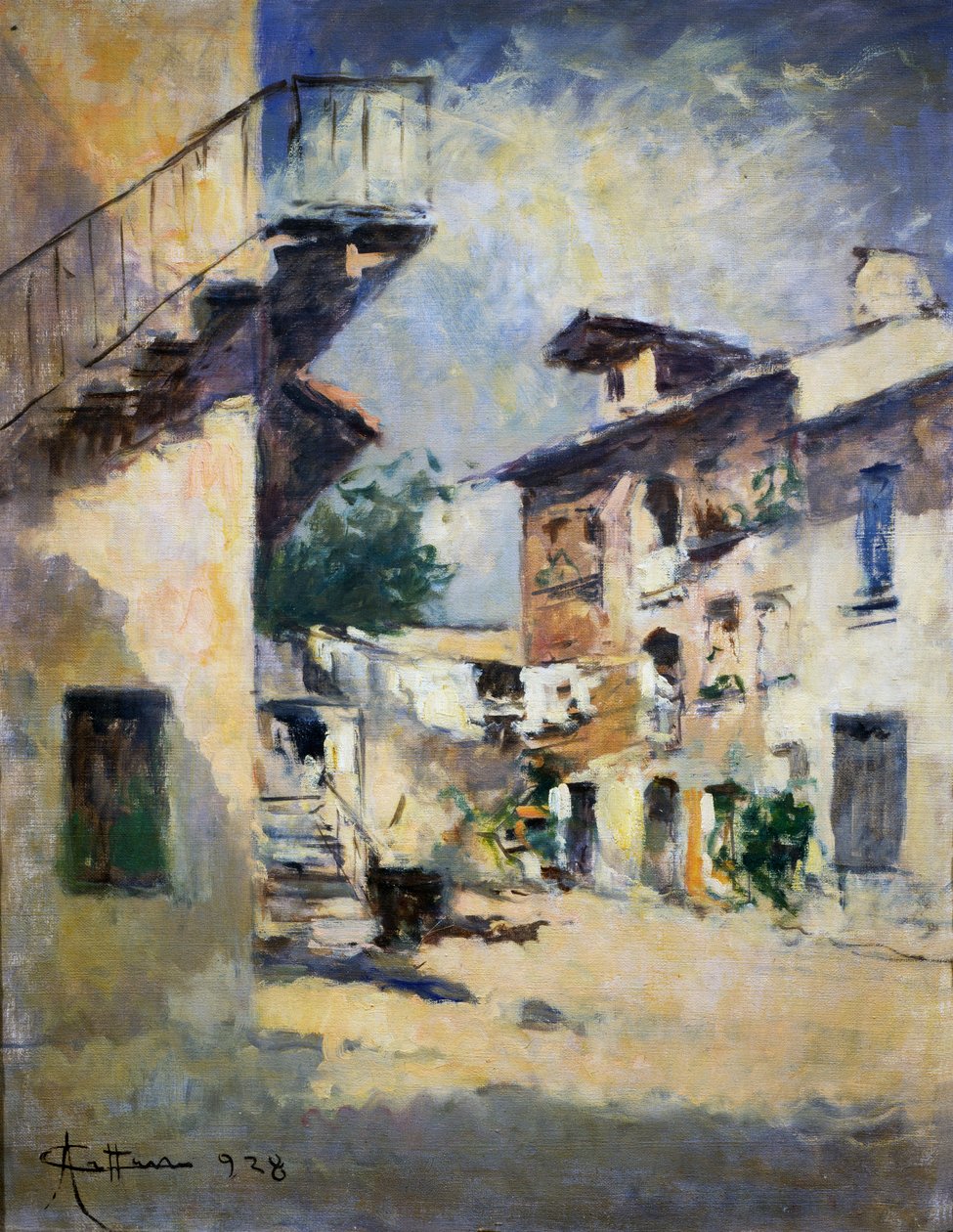 Interiør av rustikk gårdsplass, av Achille Cattaneo (1872-1931). Italia, 1900-tallet. av Achille Cattaneo