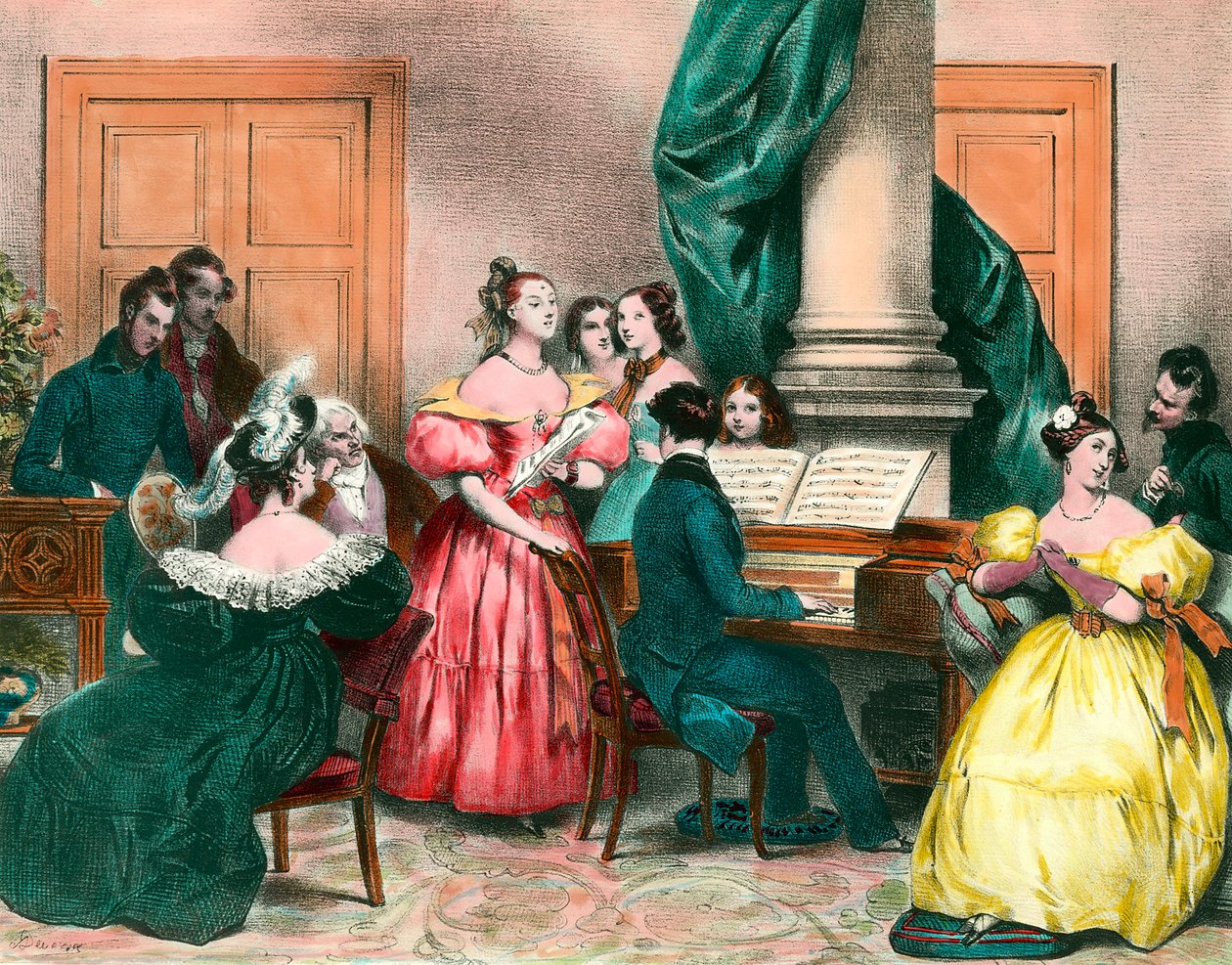 En musikalsk ettermiddag i familien Gravering av Achille Deveria (1800-1857) Gravering fra 1800-tallet. Privat samling av Achille Devéria