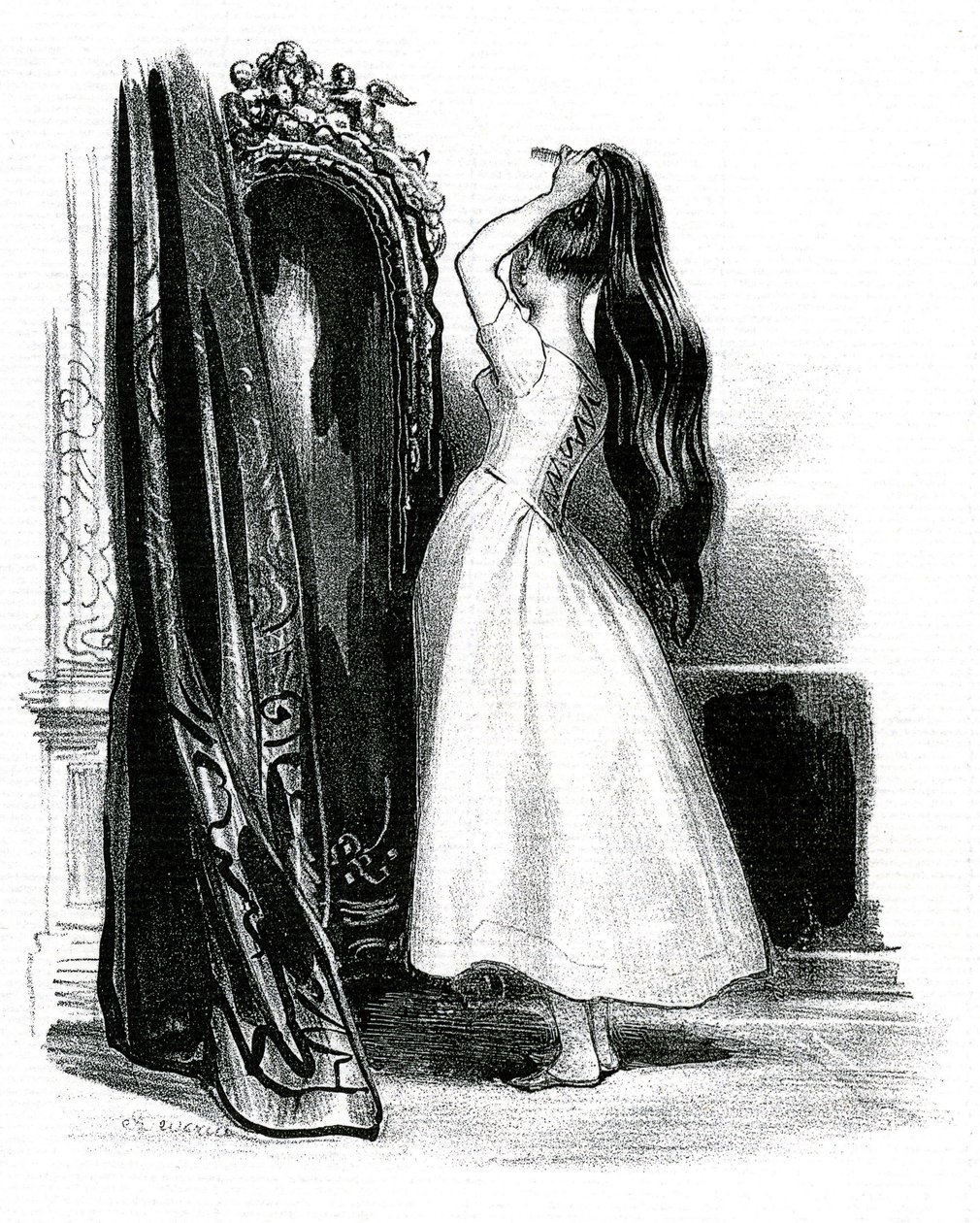 Madame Bovary, for Gustave Flauberts roman - Emma Bovary bunker det lange håret sitt foran speilet av Achille Devéria