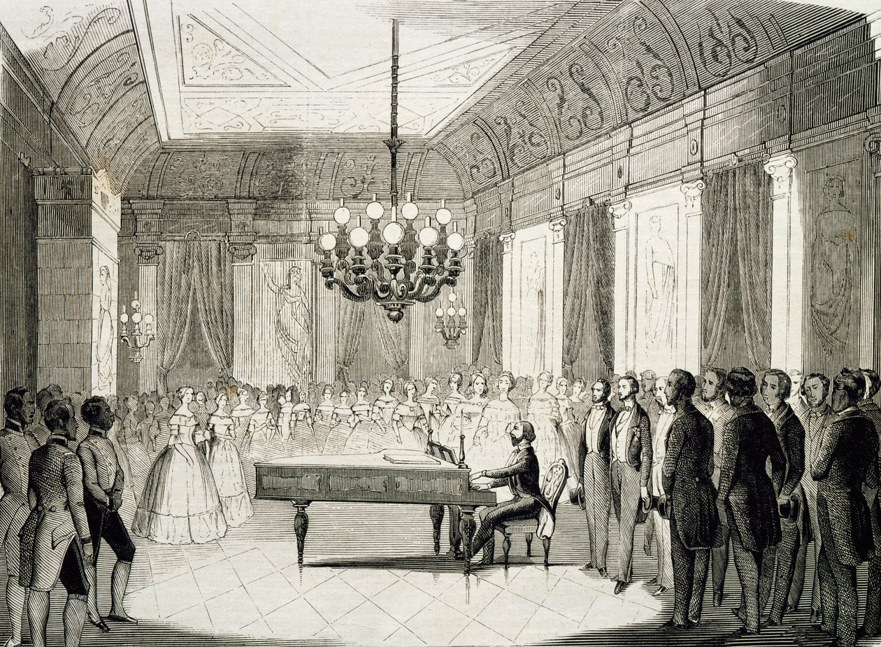 Musikalsk aften med piano, av Achille Deveria (1800-1857), gravering, Frankrike av Achille Devéria