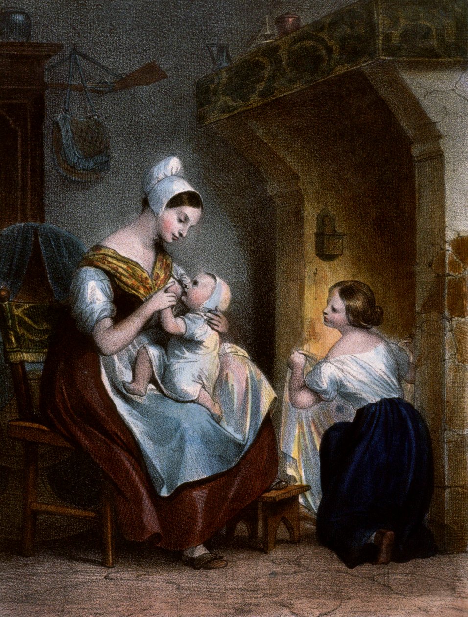 Sykepleier som ammer en baby. Litografi, ca. 1850 av Achille Devéria