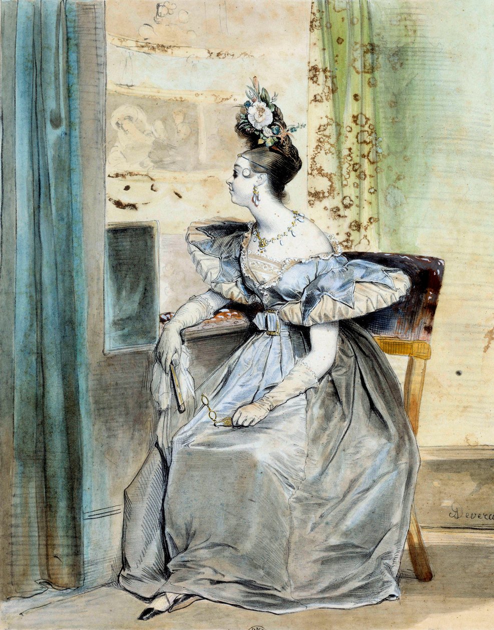 Portrett av Marie Nodier i en teaterhytte ved 10-tiden. Faren hans Charles holdt en litterær salong besøkt av romantikere (Victor Hugo, Lamartine, Vigny, Dumas, Liszt) og hun var musen til noen av dem. Akvarell av gravering av Achille Deveria (18 av Achille Devéria