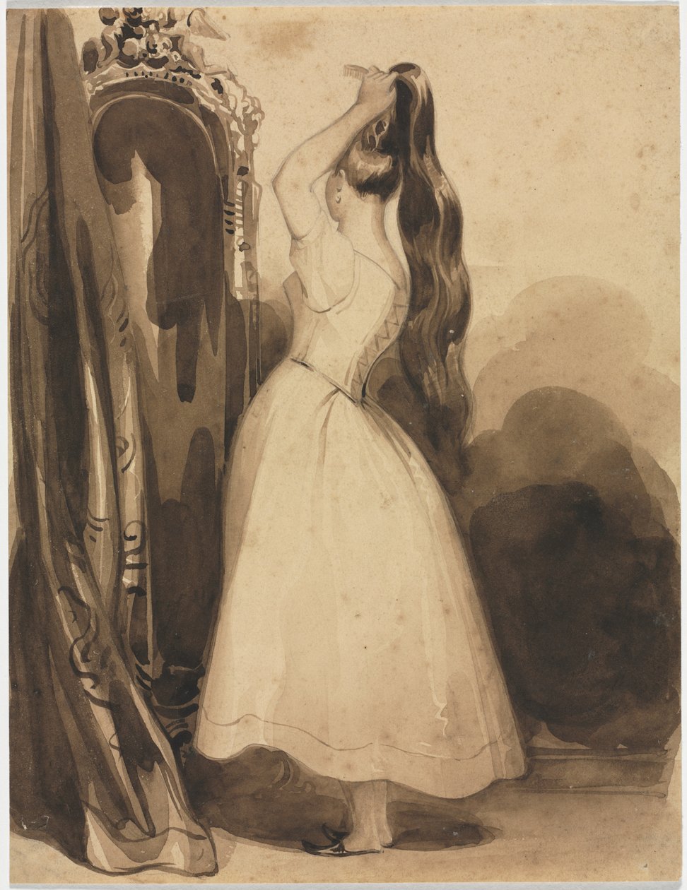 Ung kvinne som grer håret, 1800-tallet, før 1857. av Achille Devéria
