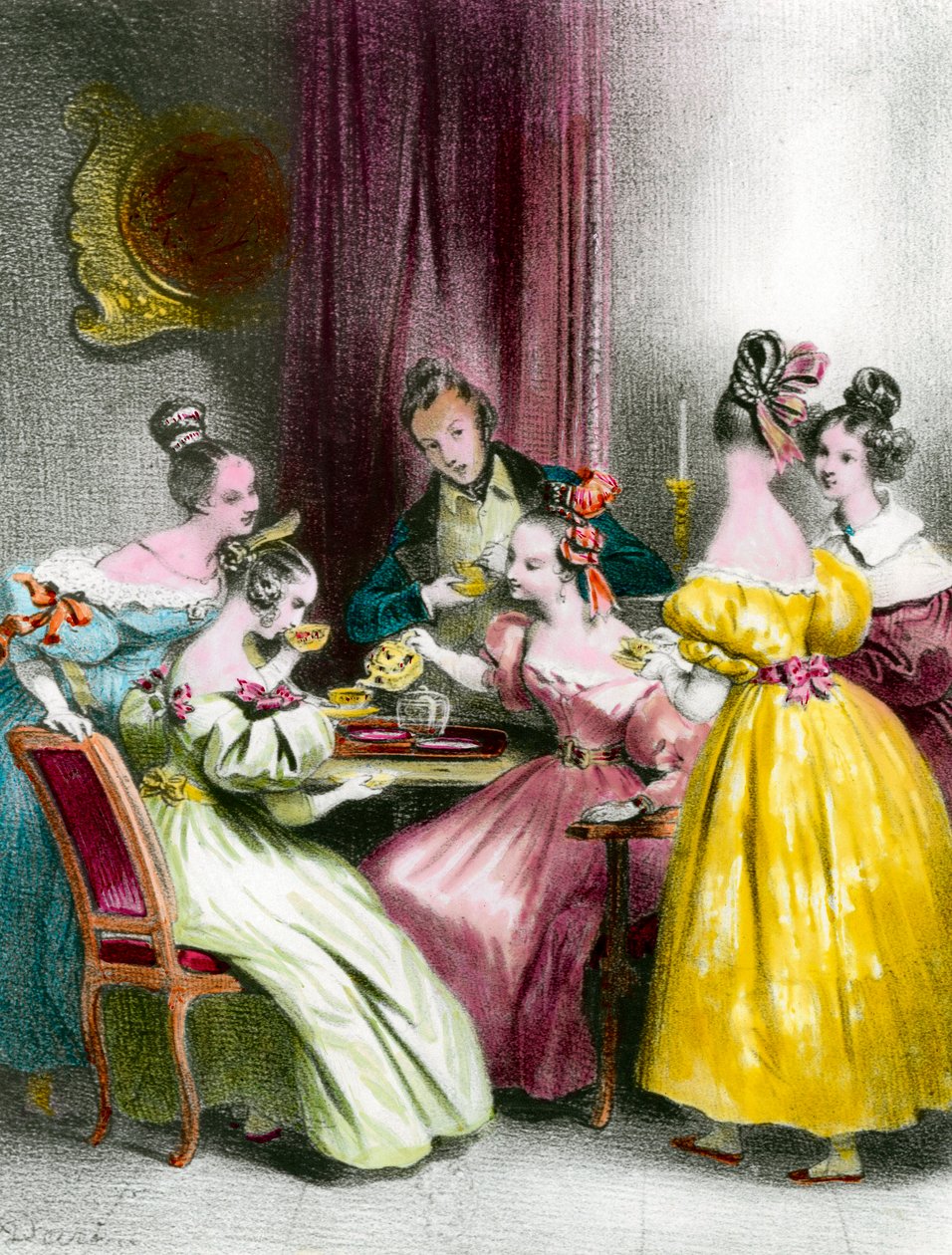 En ettermiddag på Salon de the under restaureringstrykket av Achille Deveria (1800-1857) privatsamling fra 1800-tallet av Achille Devéria