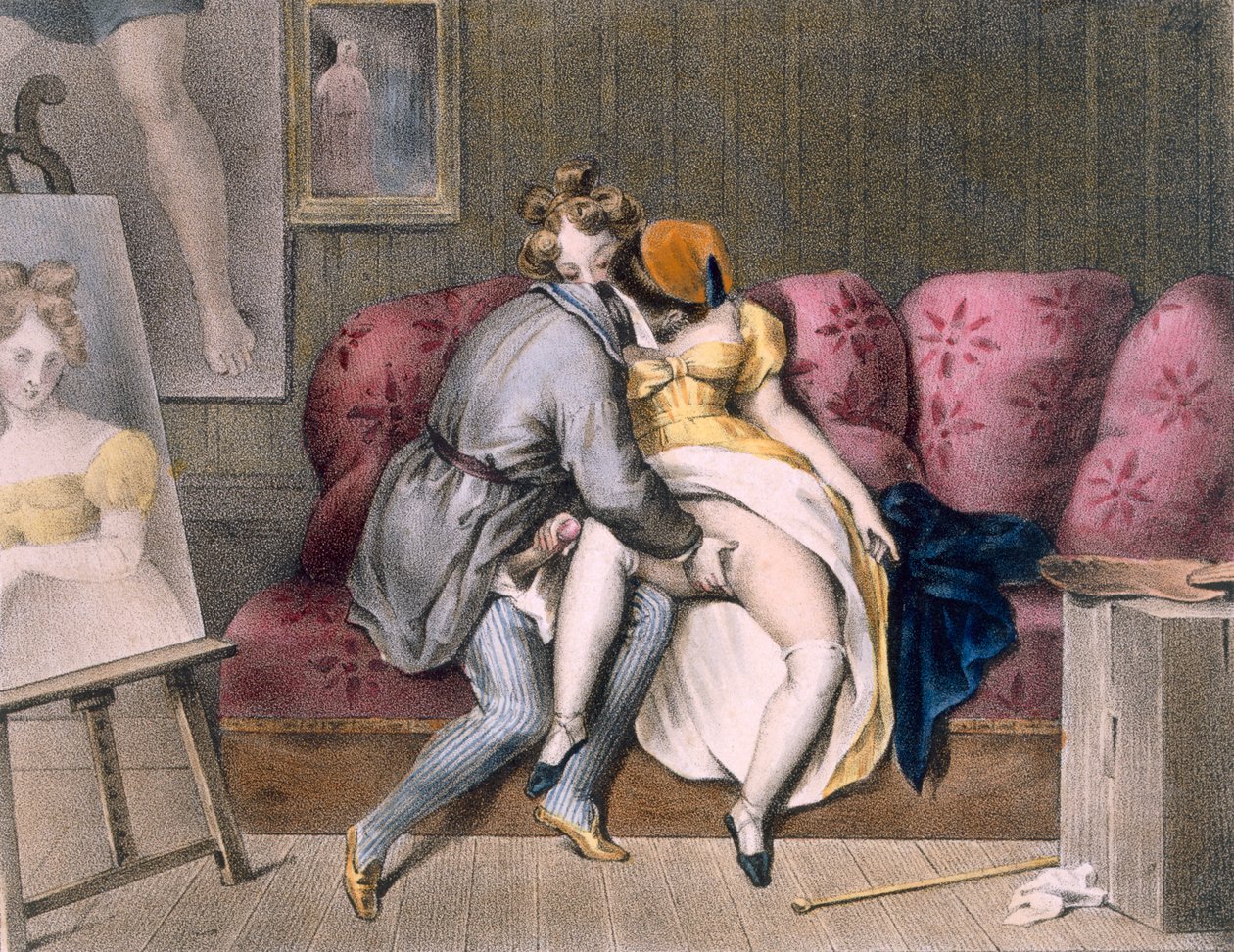 Kunstner og Sitter: manuelt forspill, ca. 1830-40 (farge litho) av Achille Devéria