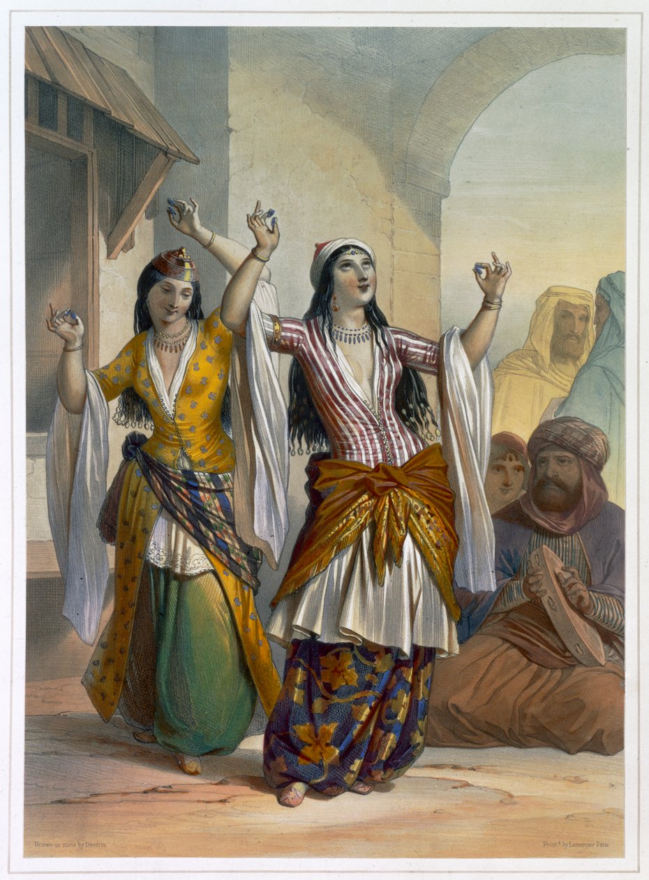 Egyptiske dansende jenter som fremførte Ghawazi i Rosetta, Egypt, 1848 av Achille Devéria