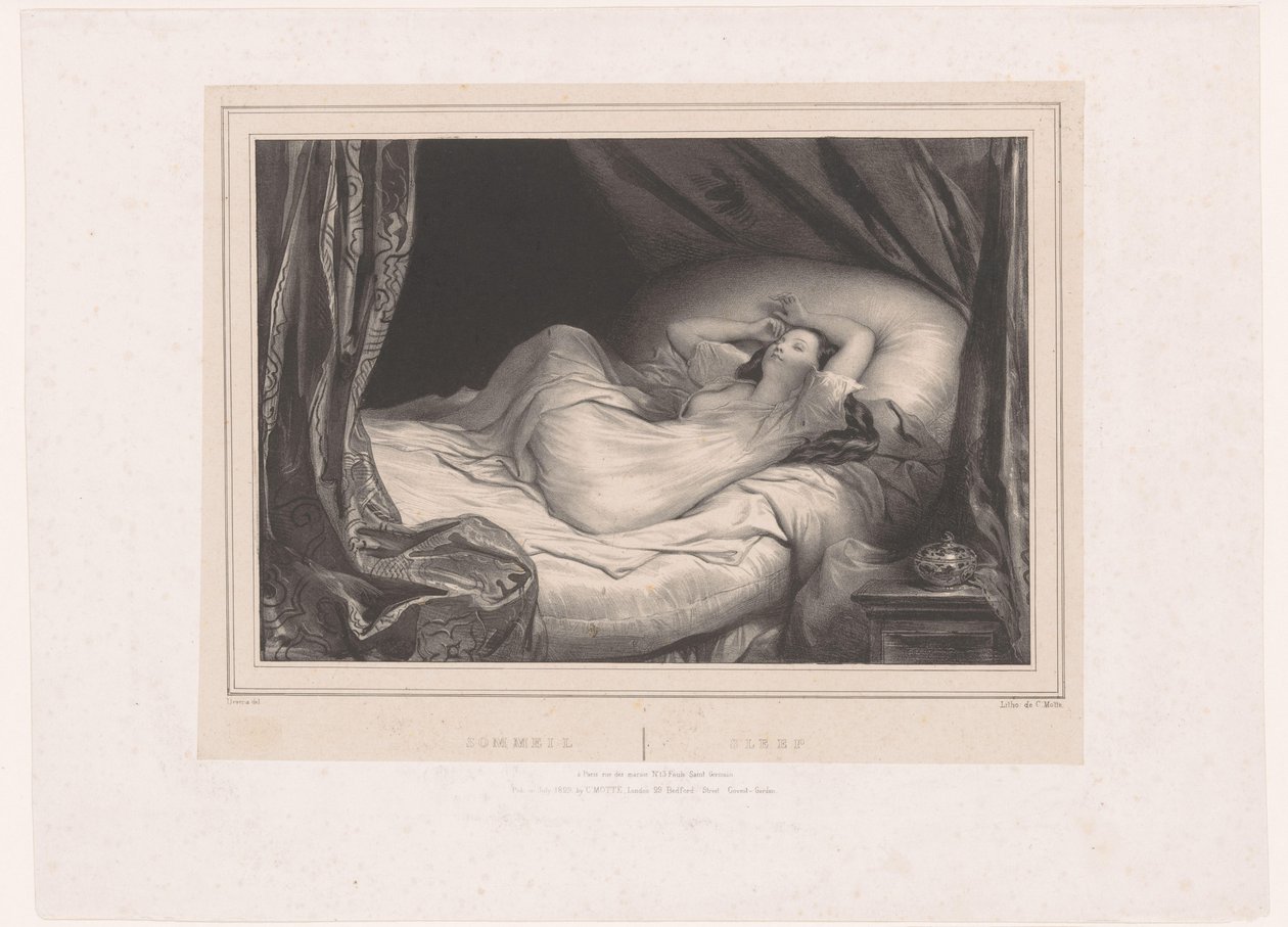 Jente som sover på sengen Sommeil / Sleep (tittel på objekt) av Achille Devéria