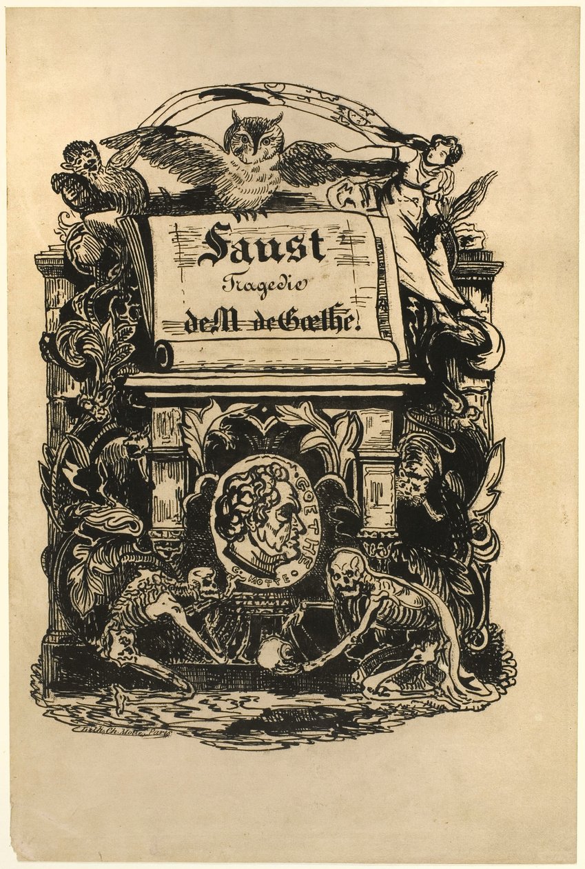 Portrettmedaljong av Goethe, tittelblad fra Faust av Achille Devéria