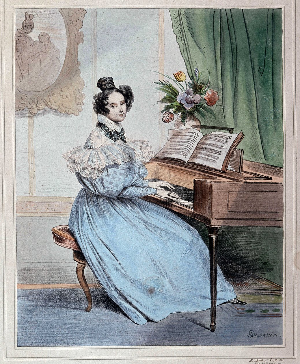 Klokken syv om kvelden, kvinne ved pianoforte av Devéria, begynnelsen av 1800-tallet av Achille Devéria