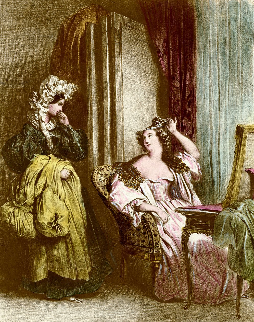 Toalettet: en elegant ung kvinne med sin tjenerinne Litografi av Achilles Deveria (1800-1857) 1800-tallssamling Particuliere av Achille Devéria