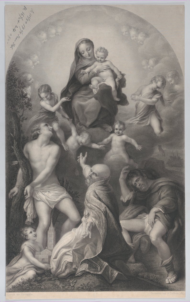 Madonnaen av Saint Sebastian, med jomfruen og barnet, omgitt av engler, ser etter..., 1847. av Achille Désiré Lefèvre