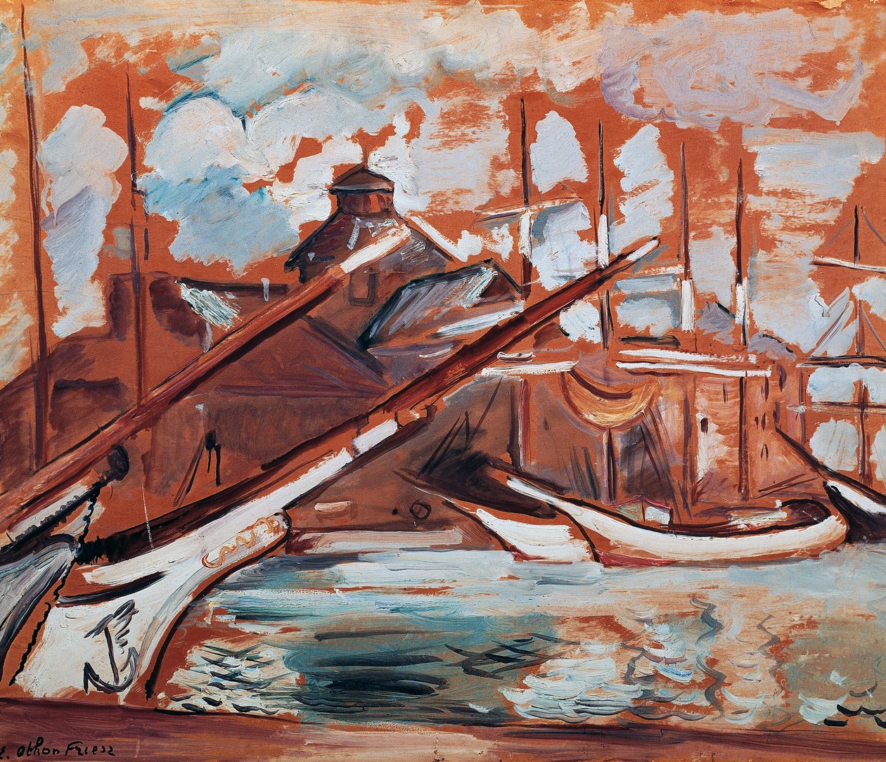 Havnescene, av Othon Friesz (1879-1949), olje på papp, 54x65 cm. Frankrike, 1900-tallet. av Achille Emile Othon Friesz
