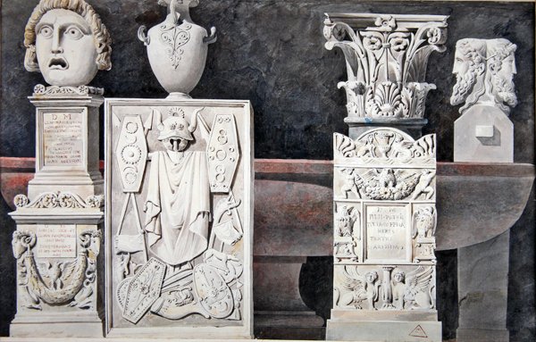 Fragmenter av eldgamle skulpturer (grafitt, vask og akvarell på papir) av Achille Francois Leclere