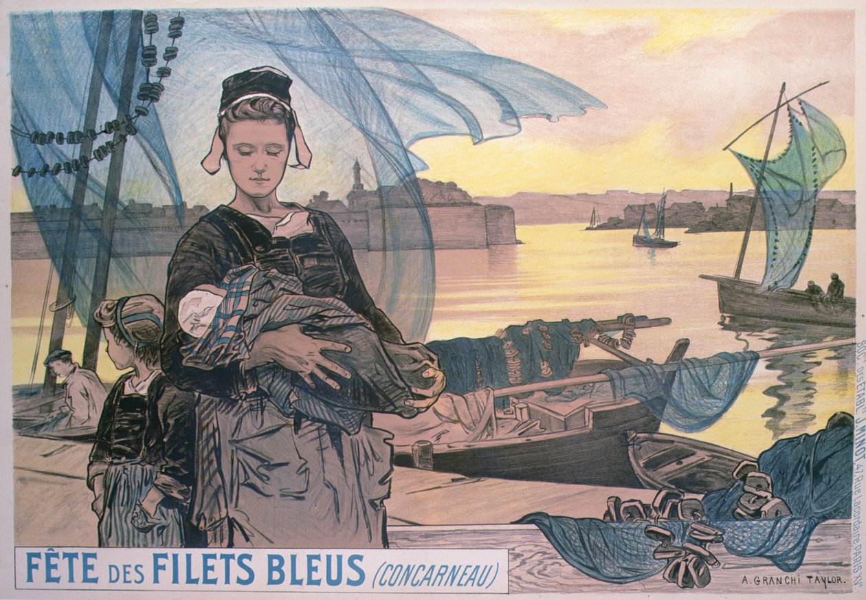 Plakat som viser festivalen med blå fiskegarn, Concarneau, Bretagne (farge litho) av Achille Granchi Taylor