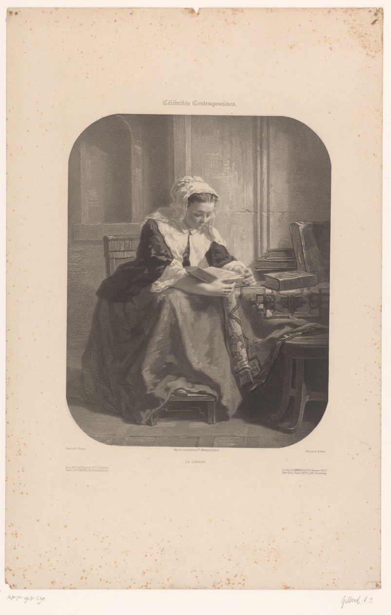 Kvinne som leser La Liseuse (tittel på objekt) Verker av kjente samtidskunstnere (serietittel) Célébrités contemporaines (serietittel på objekt) av Achille Isidore Gilbert