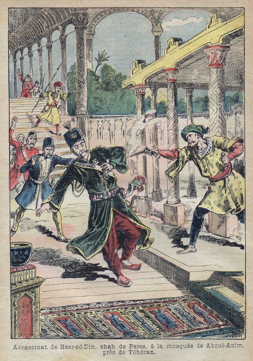 Attentat på Nasser Ed Din (1831-1896), Shah av Persia (Iran) i 1896 (Også kalt Nasseredin Shah, Nasserer-al-Din Shah Qajar, Nasser al-Din Shah Qajar, Nassiruddin Shah) - Illustrasjon av Achille Lemot for " Le-Pelerin» fra 1896 - Attentat på av Achille Lemot