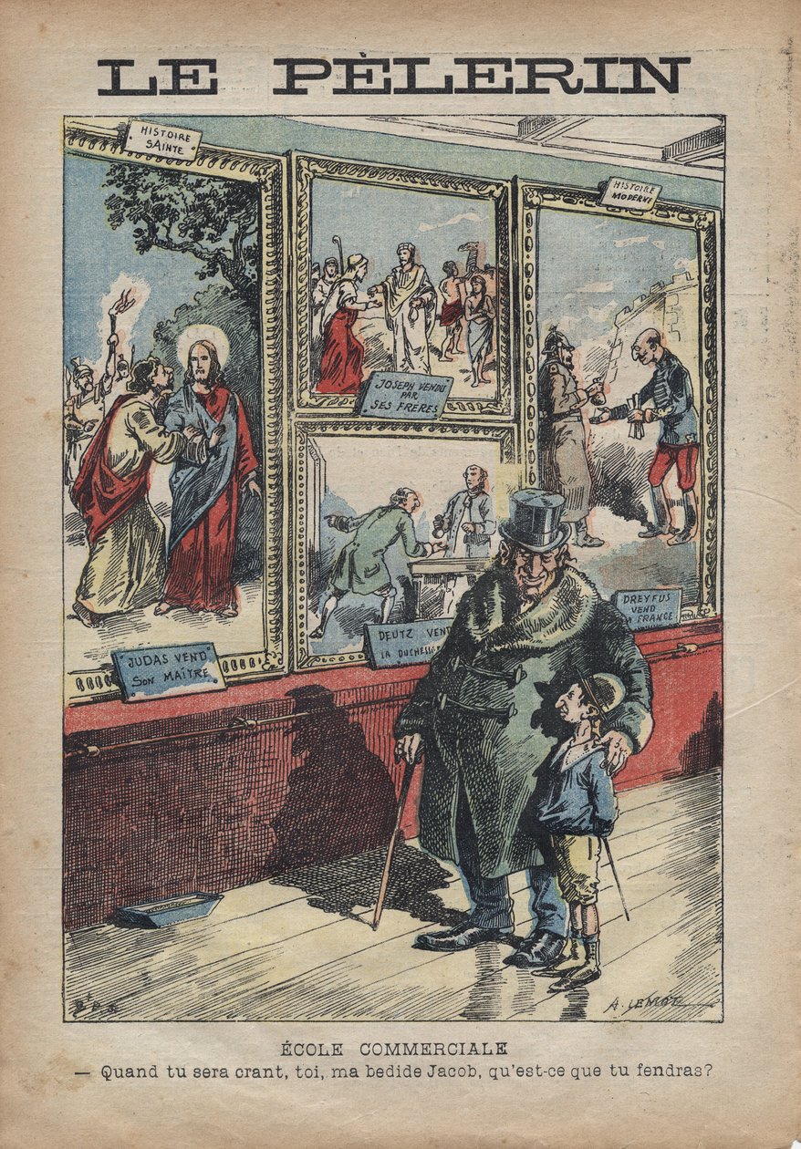 Tegneserieantisemitt av Achille Lemot for «Le-Pelerin»» fra september 1896 - Handelsskole: når du blir et stipend, du min seng Jakob, hva vil du dele? av Achille Lemot